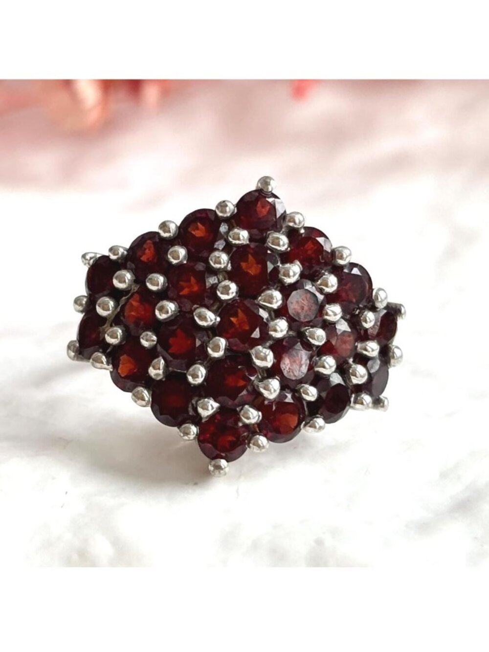 Natural Garnet Gemstone Cluster Sterling Silver 925 Vintage Ring - sz 7.75